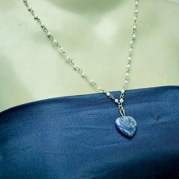Beaded Chain Necklace With Blue Rhodonite Stone Heart Shape Pendant, Handmade - Picture 6 of 14
